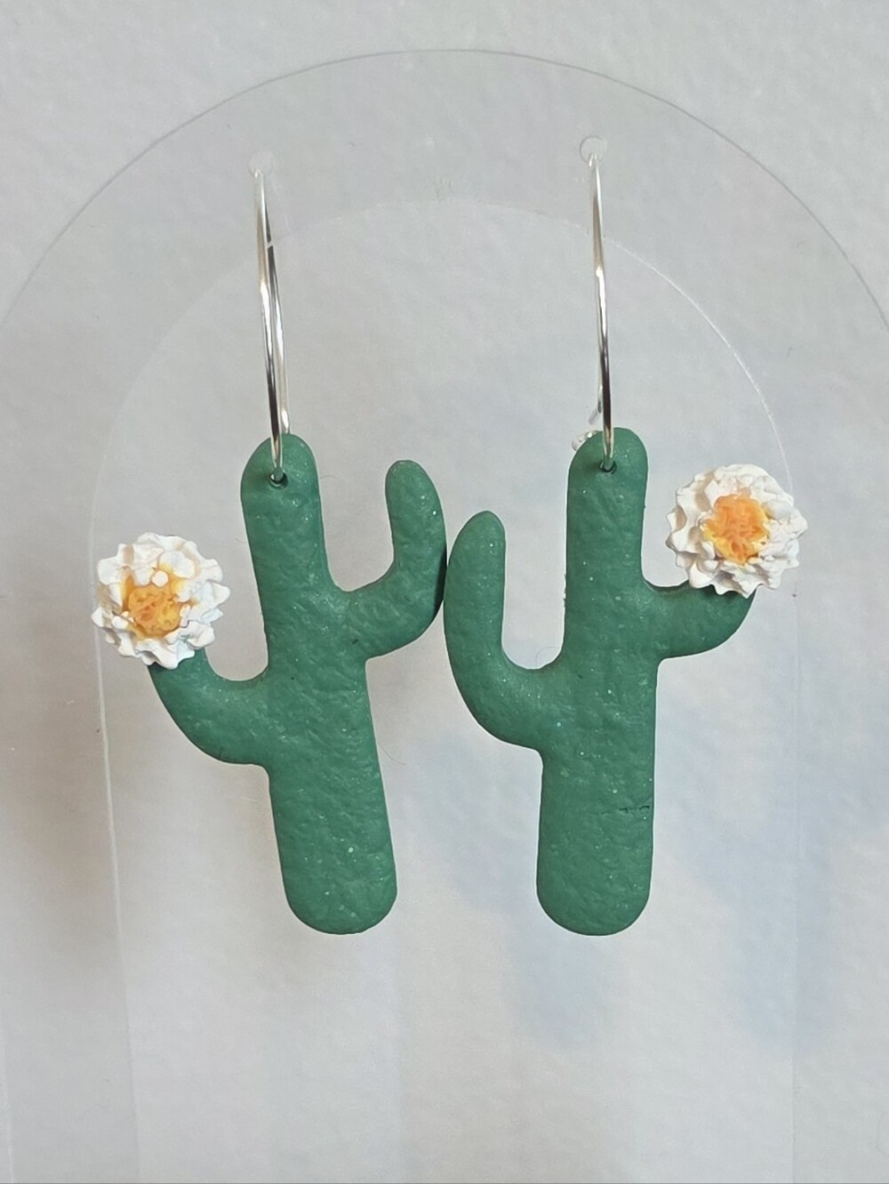 Green Cactus Dangle Hoop Earrings with White Flower